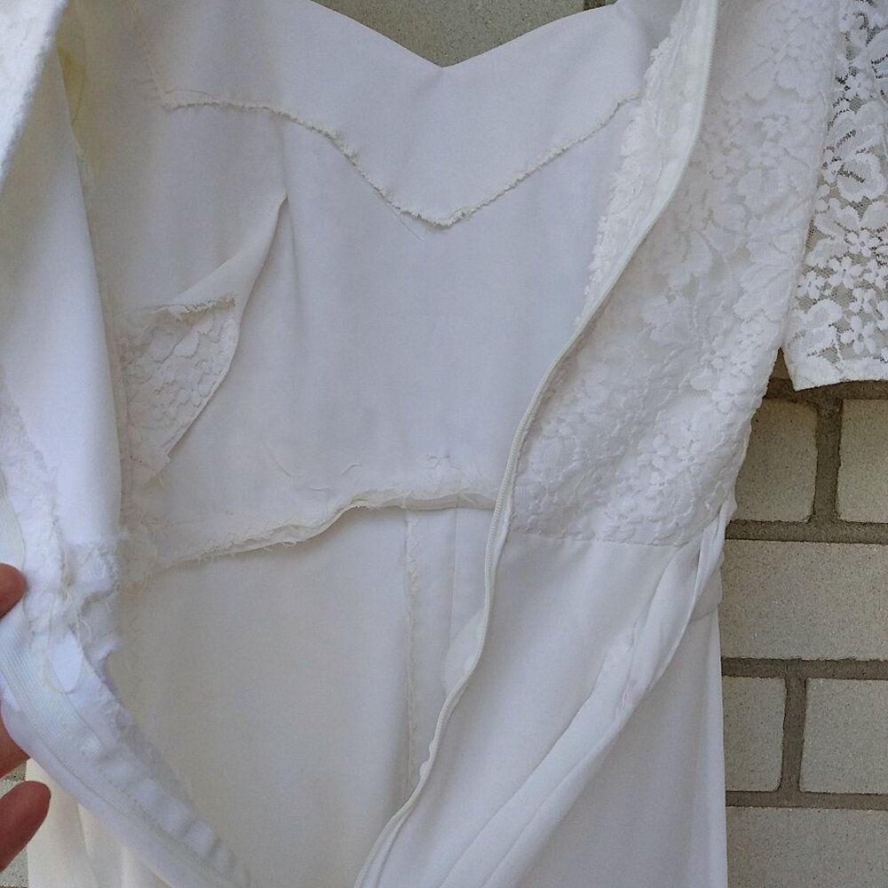 Vintage White Party Dress 29" Bust Bridal Gown Lace Flounce Sleeves Pink Flowers - Picture 15 of 15